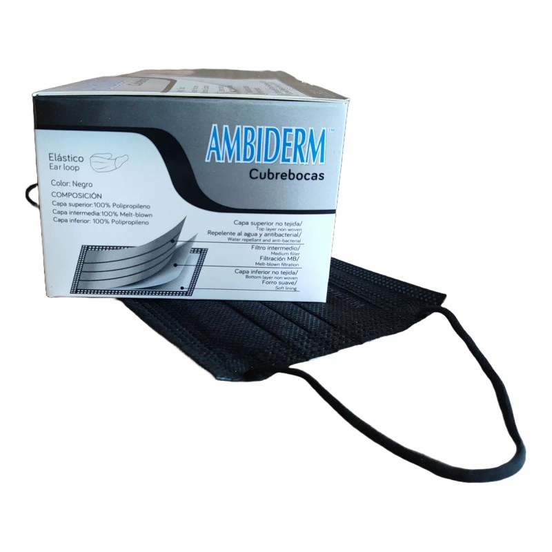 Ambiderm Cubre Bocas Tres Pliegos Ambiderm Negro Termosellado 150pz
