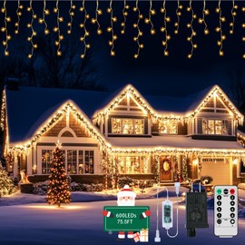 Christmas Icicle Lights Outdoor, 75.5 FT 600 LED 8 Modes Icicle String Lights with 120 Drops, Plug in Icicle Lights Waterproof with Remote Timer for Party, Wedding, Christmas Decorations - Warm