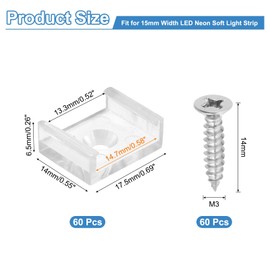 PATIKIL LED Strip Light Clips, 60 Pack Mounting Bracket Fixing Clips Plastic Clamp Holders with 304 Stainless Steel Screws for 15mm Neon RGB Light Cable Ribbon, Clear