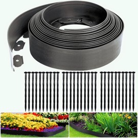 Landscape Edging Border Kit, No Dig Garden Edging Coil with 30 Anchoring Spikes, 4" x 33' Flexible Plastic Lawn Fence Kit for Yard Flowerbeds Grass