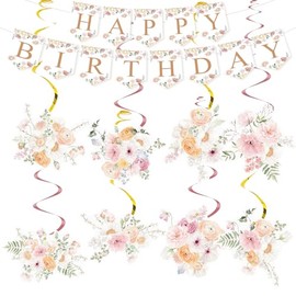 Flower Birthday Decorations Set, Wildflower Happy Birthday Banner Garland Hanging Swirls Supplies, Floral Party Decor for Women Girls.