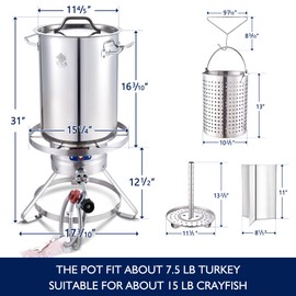 ARC 32QT Stainless Steel Turkey Fryer Pot and Burner Kit,Propane Burners for Outdoor Cooking, Tamale Steamer Pot with basket, and steamer rack. Great for Seafood boil, Crawfish Boil, Home Brewing