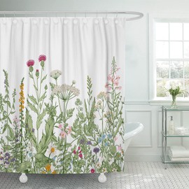 MAYTEC Shower Curtain Vintage Floral Border Herbs and Wild Flowers Botanical Engraving Style Colorful Field Vegetation Waterproof Polyester Fabric 72 x 72 inches Set with Hooks