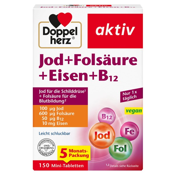 Doppelherz Iodine + Folic Acid + Iron + B12 - With Folic Acid as a Contribution to Normal Blood Formation - 150 Vegan Mini Tablets