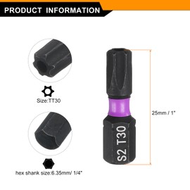 sourcing map 2pcs TT30 Torx Screwdriver Bit 1/4" Hex Shank 25mm/1" Length Magnetic Star 6 Point Head Hex Bits S2 Steel Screw Driver Bit with Hole Industrial Grade Electric Drill Bits