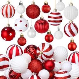 PullCrease 48 Pcs Christmas Ball Ornaments 1.6'' 2.4'' Elf Red and White Hanging Decorations Glittering Plastic Candy Cane Balls Swirl Peppermint Christmas Pendants for Xmas Tree Decoration, 2 Size