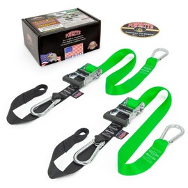 PowerTye - Made in USA - Heavy Duty Ratchet Tie Down Straps with Carabiner Hooks & Sewn-in Soft-Tye, for Motorcycle, ATV, Trailer & Cargo, 1,000 lb WLL, 1.5 inch x 6.5ft Long, Green/Black (Pair)