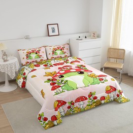 Cartoon Frog Kids Comforter Set Twin Size,Mushroom Plants Botanical Rustic Bedding Set,Girls Boys Women Room Decor,Cute Animals Kawaii Down Comforter,Watercolor Bright Duvet Insert,1 Pillowcase