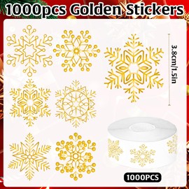1000Pcs Christmas Gold Stickers Label Roll Snowflake Stickers Holiday Stickers, Christmas Stickers for Cards 1.5in, Xmas Winter Stickers Merry Christmas Stickers Gifts Envelope Decors 6 Styles