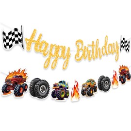 Monster Truck Birthday Banner Fire Cars Trucks Birthday Sign with Garland Race Car Theme Party Supplies