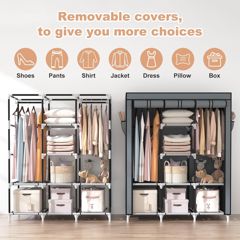 VTRIN Portable Closet Wardrobe for Hanging Clothes with 2 Hanging