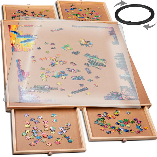 1000 Piece Rotating Wooden Jigsaw Puzzle Table - 4 Drawers, Puzzle Board with Puzzle Cover | 22 1/4” x 30" Jigsaw Puzzle Board Portable - Portable Puzzle Table