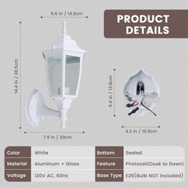 MULANDI Photocell-Controlled Outdoor Wall Light – Die-Cast Aluminum & Glass Water-Resistant Exterior Fixture, Wet Location Rated, E26 Base (60W Max) for Porch, Garage, Garden(White)
