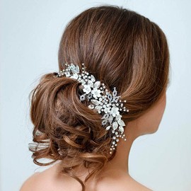 Zoestar Flower Wedding Hair Vine Crystal Pearl Headbands Bridal Leaf Headpiece Hair Accessories for Women and Girls (Silver)