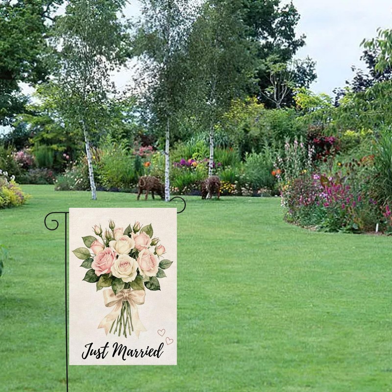 Just Married Wedding flower Garden Flag 12x18 Inch Burlap Double