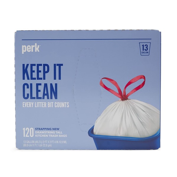 Perk PK56750 13 Gallon Kitchen Trash Bag, Low Density 0.9 Mil, White