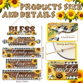 Sintuff Sunflower Kitchen Wall Decor Bless The Food Before Us Sign Farmhouse Kitchen Wooden Wall Signs Rustic Dining Room Wall Art Country Vintage Hanging Decoration for Home Room (Plaid Style)
