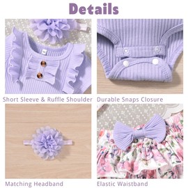 Aalizzwell Newborn Baby Girls Summer Clothes Ribbed Short Sleeve Floral Ruffle Bloomer Shorts Spring Outfit NB Purple