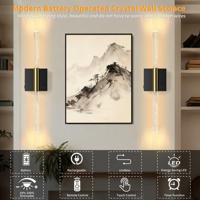 Battery Operated Wall Sconces Set of 2, 28in Rechargeable Wireless