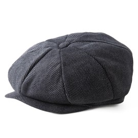 Lanzom Mens Newsboy Cap High Woolen Tweed Gatsby Hat Ivy Cabbie Flat Golf Cap Newsboy Flat Cap (US, Alpha, Large, X-Large, Herringbone Dark Grey)