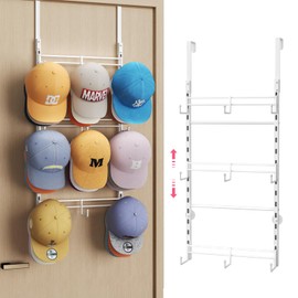SWTYMIKI Over Door Hat Organizer - 3 Tier Metal Adjustable Wall Mounted Hat Rack with 9 Hooks Design, Hanging Baseball Cap Organizer Storage Holds up to 27 Caps for Door, Bedroom, Closet