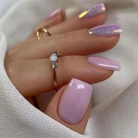 Ceboic Pack of 24 Glue-On Nails Short, Purple Shiny French Artificial Nails, Press On Nails with Nail Glue Sticker, Square Acrylic Full Cover Artificial Fingernails for Women and Girls