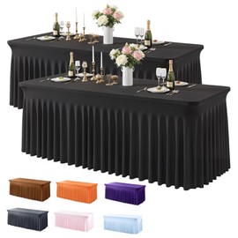2 Pack Black Spandex Fitted Tablecloth 6 Foot - Stretch Table Clothes for 6 FT Rectangle Table, Washable Ruffles Elastic for Weddings, Buffet, Banquet, Trade Craft Show, Party Celebration