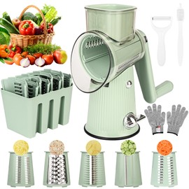 Cheese Grater With Hand Crank Countertop For Kitchen，Grater Shredder With Handle For Kitchen Rotating，Vegetable Slicer，Nuts Grinder Cheese Shredder with Clean Brush(5 Blades Matcha Color)