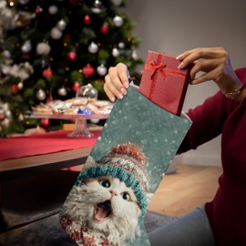 uinwk 16 Inches Winter Funny Cat Christmas Stockings, Snowy Winter Cozy Cat Xmas Stockings, Holiday Cute Kitty Kitten Christmas Socks Decoration