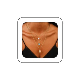 Inilbran Boho Layered Pearl Choker Necklace Vintage Blue Starfish Necklace Gold Shell Pendant Necklace Multilayered Cowrie Shell Chain Necklace Jewelry for Women
