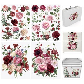 WANDIC 4 Sheets Rub On Transfer Sticker, Red Flowers Decals Waterproof Stickers Furniture Transfers Stickers for DIY Scrapbooking