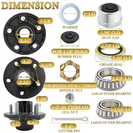 TiciKim 1 Set Trailer Hub Kit 5 Bolt 4.5 for 3500 lb Trailer Axle Bearing Kit Boat Trailer Hub 5 Lug with Extra Trailer Dust Caps and Rubber Plugs for #84 Spindle 1-1/16'' to 1-3/8" Trailer Axles