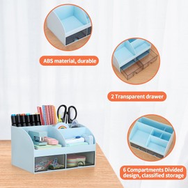 KAHEIGN Desk Organiser with 2 Drawers, 19CM x 14CM Multi-Functional Desk Tidy Organiser Large Capacity Pen Holder Makeup Organizer for Kids Teacher Gift Office School Home Table Decor (Blue)