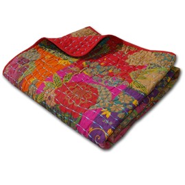 Greenland Home Jewel 100% Cotton Kantha Quilted Throw Blanket, 50 x 60 inches, Red