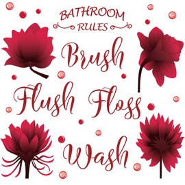 Set of Bathroom Wall Decals Stickers Wash Brush Flush Floss Bathroom Rules Wall Decor Sticker Waterproof Flower Sign Sticker for Bathroom Kitchen Home DIY Decorations