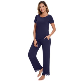 WiWi Pajamas Set for Women Soft Comfy Loungewear Short Sleeve Tops and Long Pants Viscose from Bamboo Sleepwear Pjs S-XXL, Navy, Large