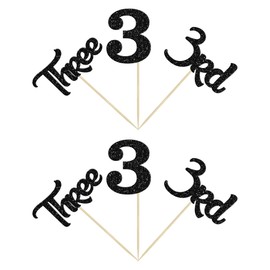 24 piezas de decoración para cupcakes de tercer cumpleaños con purpurina, tres púas para cupcakes para baby shower, tercer cumpleaños, aniversario, fiesta, decoración de pasteles, suministros negros