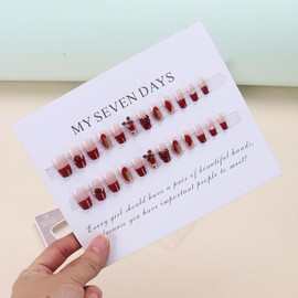 Nail Tip, Long, 24 Pieces, Nail Tip, False Nail, Red Edge, Moon, Bowknots, Flowers, Diamond, Skin Color, 3D Nail Stickers, Popular, Japanese Style, Cute, Simple, Stylish Party, Nail Tip, Autumn,