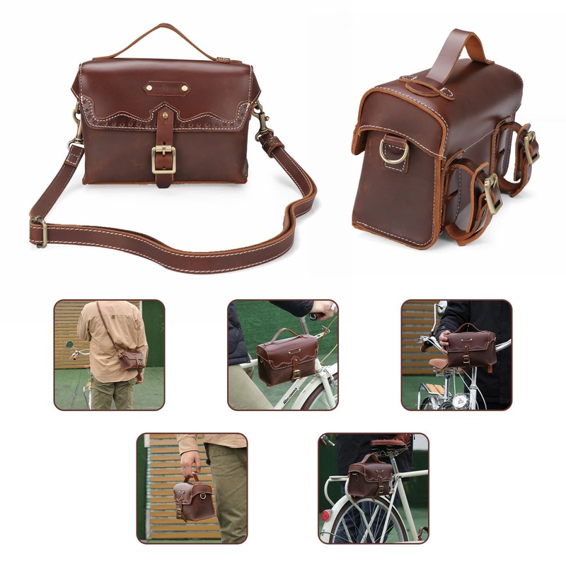 TOURBON Retro Bike Handlebar Bag Genuine Leather Bicycle Rear Saddle