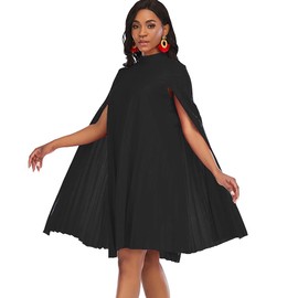 AOMEI Women's Stand Collar Pleated Cape Sleeve Loose Knee Length Dress Plus Size(Black,XXL)