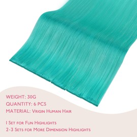 WENNALIFE TealGreen Clip-In Human Hair Extensions, 40 cm, 6 Pieces, 30 g, Remy Clip-In Hair Extensions, Natural Real Hair