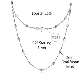 Savlano 18K Gold Plated Over 925 Sterling Silver Station Oval Moon Bead Necklace Chain For Women. Silver, Gold, Rose Gold - Made in Italy Comes With a Gift Box (W,20)