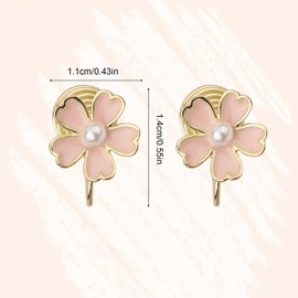 Pink Flower Earrings for Women, Delicate Cherry Blossom Stud Earrings No Piercings Pink Flower Clip on Earrings Sweet Pink Flower Pearl Earrings Cherry Blossom Floral Earrings Gifts for Women