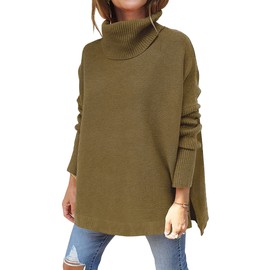 ANRABESS Women's Oversized Turtleneck Batwing Sleeve Spilt Casual Loose Knit Tunic Pullover Sweater Tops 2025 Fall Outfits Camel Small