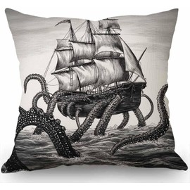 Swono Sail Boat Waves and Octopus Cotton Burlap Linen Throw Pillow Case Cushion Cover Sofa Outdoor Decorative Square 18X18 Inches