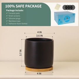 TAMAYKIM 4 Inch Ceramic Plant Pots with Drainage Holes, Adorable Flower Planter Pot with Tray for Indoor Plants, Succulent, Snake Plants, Cactus & Herbs, Black, Set of 4 (Plant Not Included)