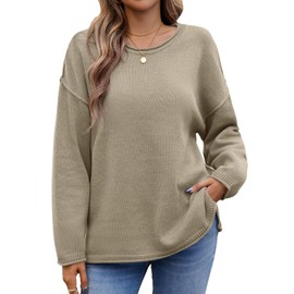Saodimallsu Womens Oversized Crew Neck Sweaters Long Sleeve Slouchy Knit Fall Casual Loose Side Split Pullover Tops Dark Khaki