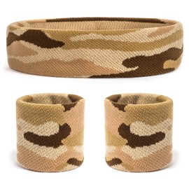 Suddora Camo Headband/Wrist Band Set - Camouflage Sweatbands for Basketball, Tennis, Working Out, Gym (Tan)