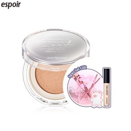 PERIPERA Mood Vegan Glow Cushion with Brush Holder & Longwear Concealer Set 3items, Shade:01 Pure