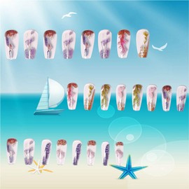 LOPMNGHT Press on Nails Ballet Shaped Long Length Colorful Seaweed Pattern Design Glossy Fake Nail Full Cover Reusable Artificial Stick on Nail 24Pcs Press Ons Fingernails Glue on Nails for Women